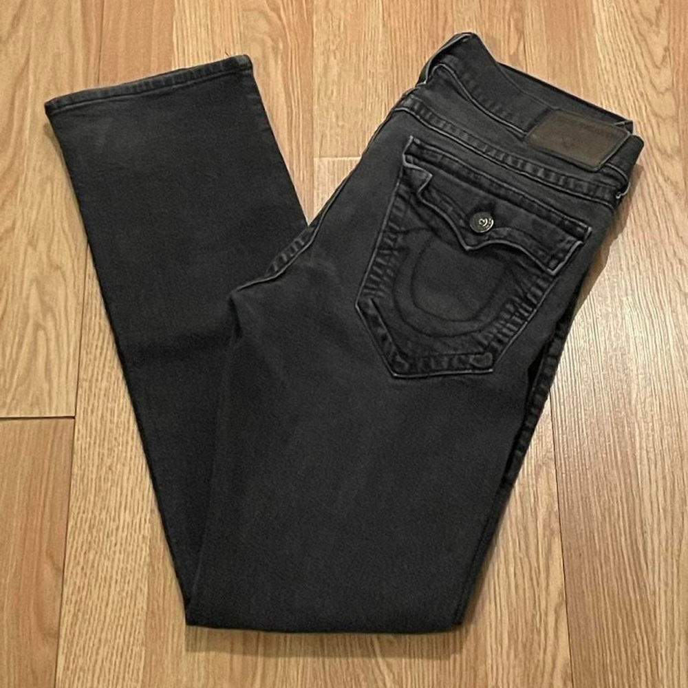 True Religion Ricky Men 34 (33x32) Relaxed Straight Jeans Black Denim Back Flaps